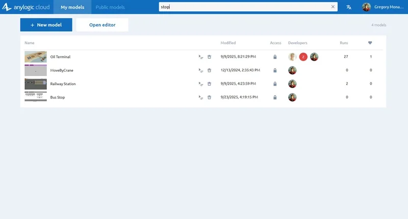 The four models found by the search query “stop” within My models and default sorting applied