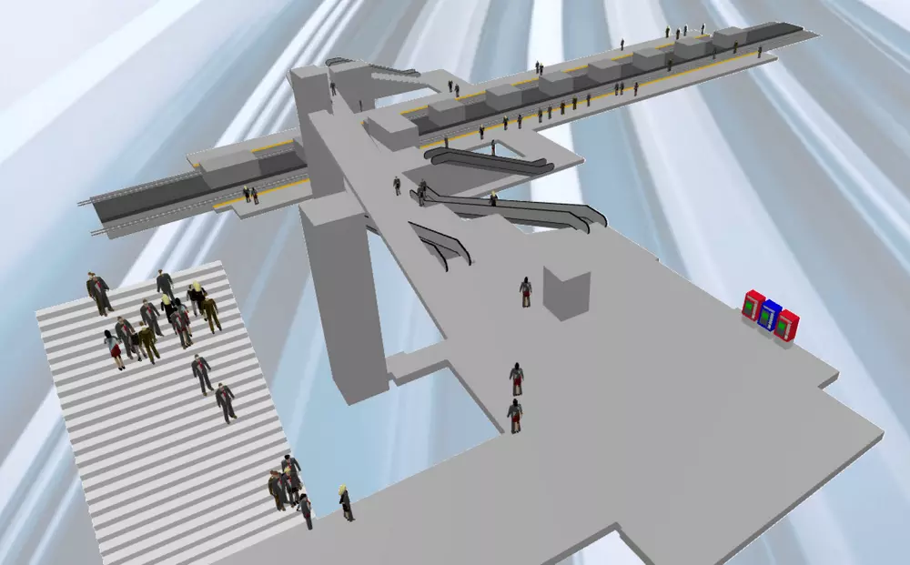 3D visualization of digital twin example for a metro station created in AnyLogic simulation software
