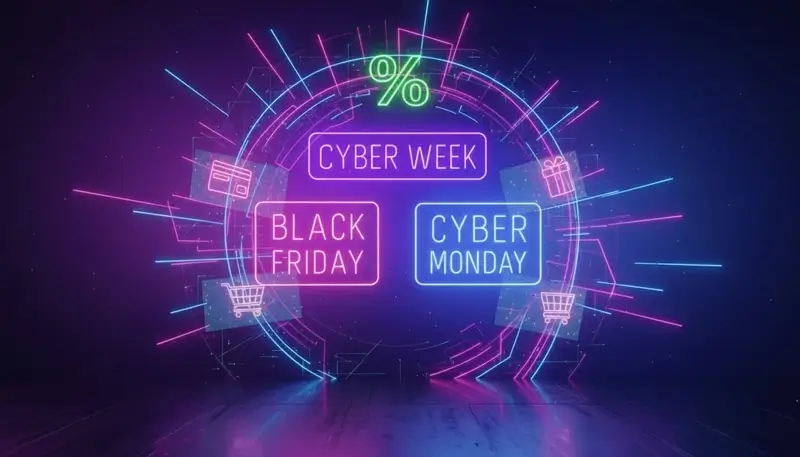A neon-style graphic displaying Cyber Week, Black Friday, and Cyber Monday with shopping icons