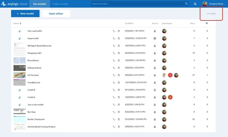 The new design of the My models view with the model counter in the top-right corner in the AnyLogic Cloud inteface