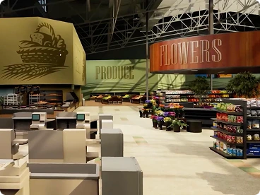 Screenshot of walking through supermarket in NVIDIA Omniverse