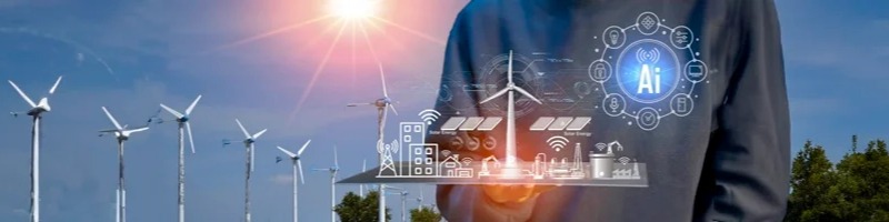 A person holding a digital interface with AI and smart energy icons overlaid on wind turbines