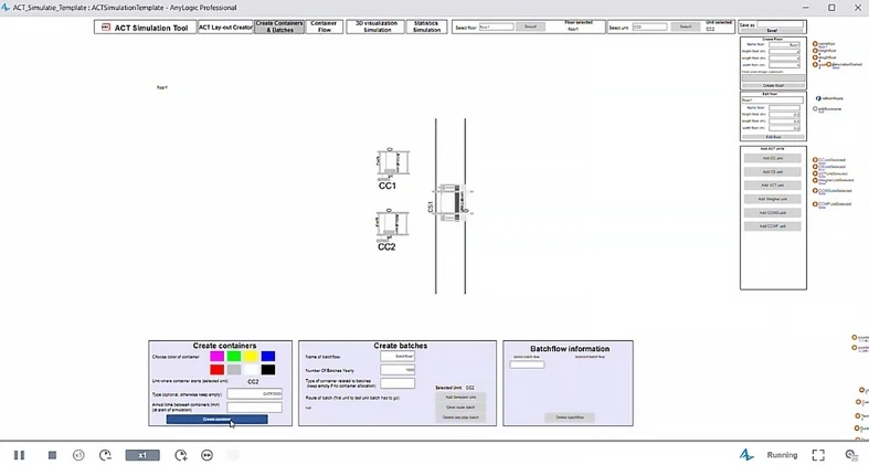Screenshot of simulation model of ACT systems running in AnyLogic Cloud