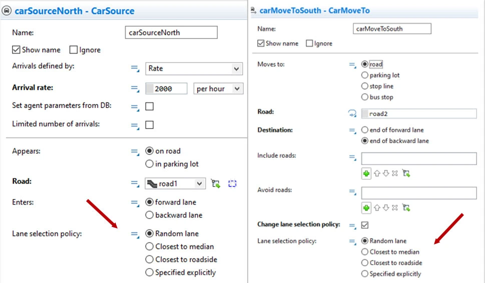 CarSource and CarMoveTo blocks to adjust lane behavior in AnyLogic software