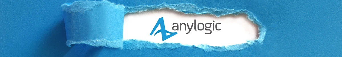 A blue torn-paper banner revealing the AnyLogic logo underneath